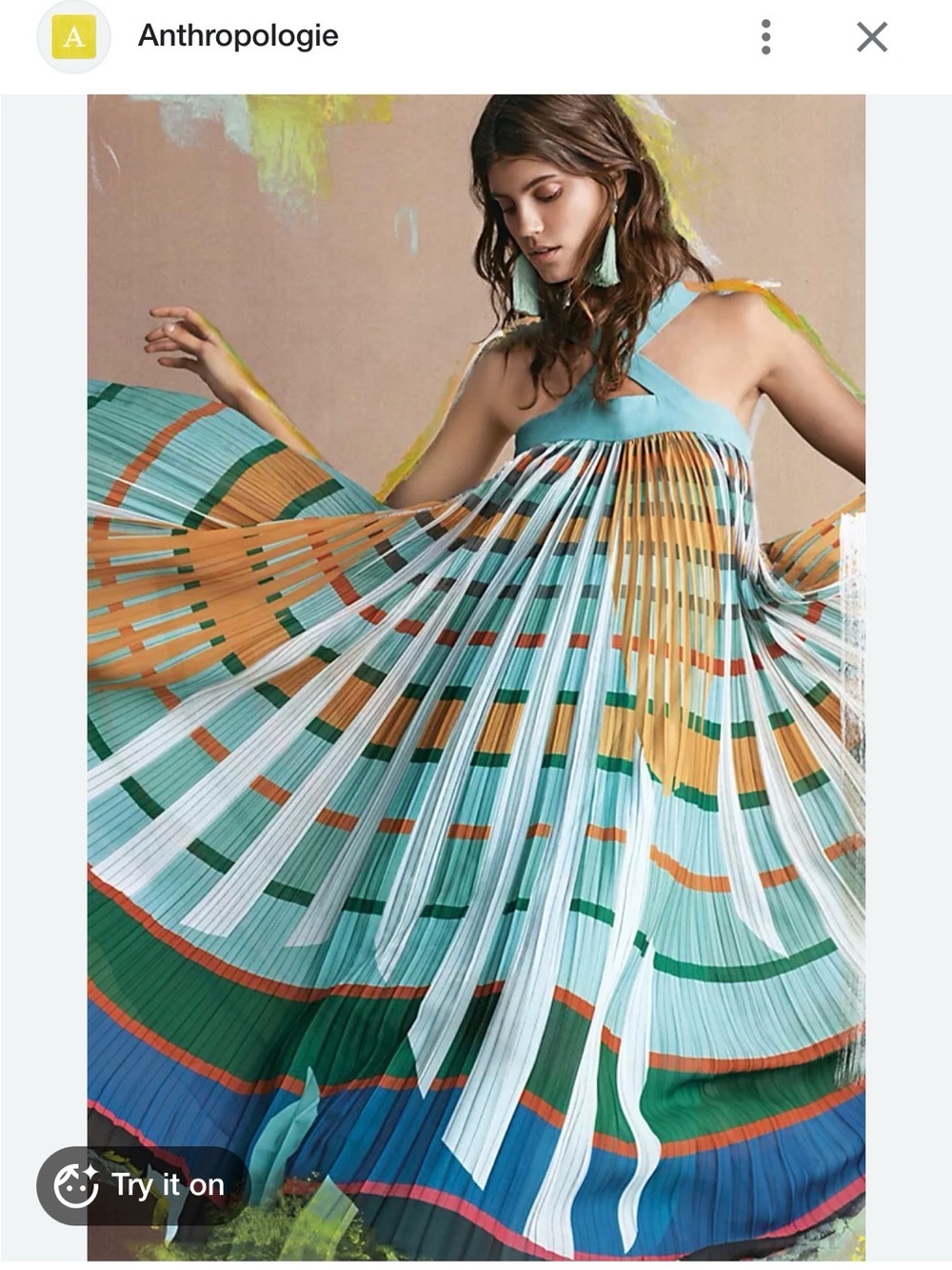 Anthropologie Striped Pleated Halter Maxi Dress in Aqua, Teal, Green, Orange